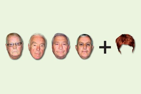 Vier Köpfe der Täter, dazu ein Pluszeichen und eine Perücke