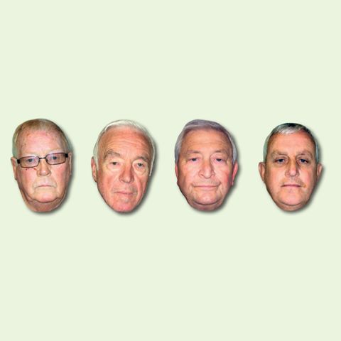 Vier Köpfe der Täter, dazu ein Pluszeichen und eine Perücke