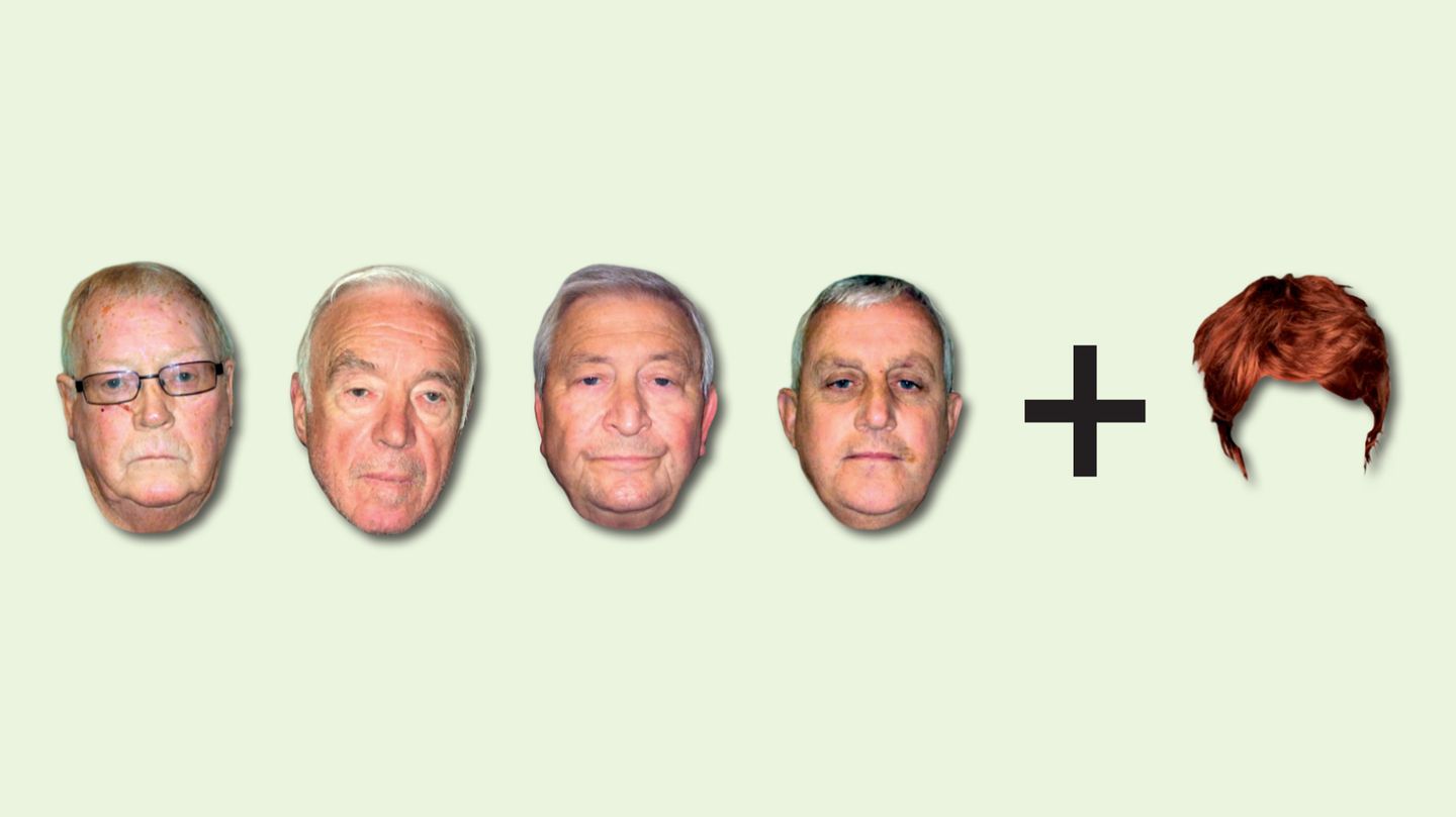 Vier Köpfe der Täter, dazu ein Pluszeichen und eine Perücke