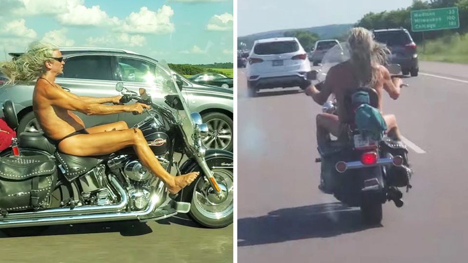 Nackter Biker auf Highway in Wisconsin, USA Nackter Biker auf Highway in Wisconsin, USA
