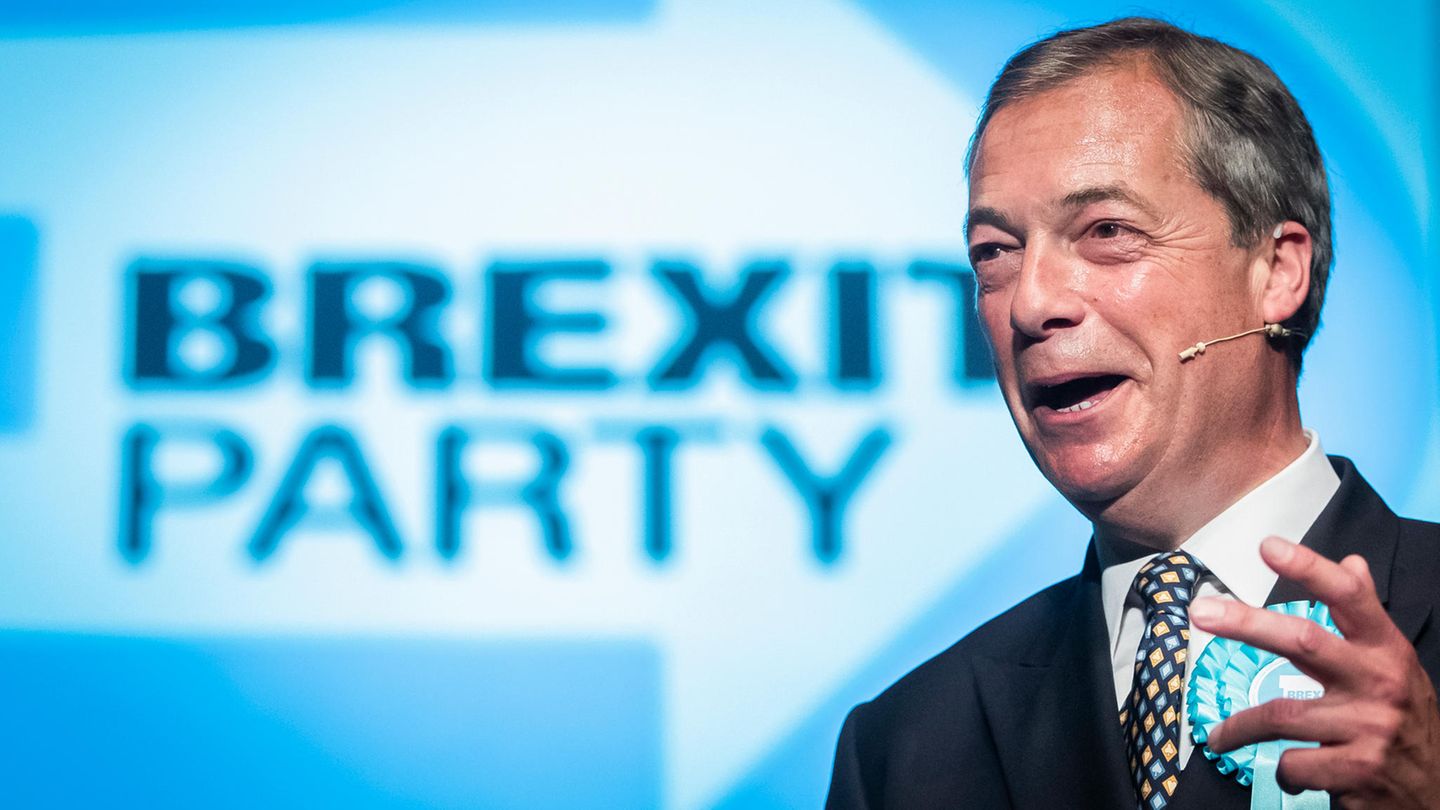 Nigel Farage, Chef der Brexit-Partei, hier bei einer Wahlkampfrede im Juni in Peterborough in Großbritannien