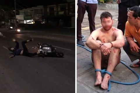 Australier tritt Mann von Motorroller