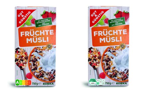 Umfrage zu Nährwertkennzeichnung: Ein Früchtemüsli ist mit dem Nutri-Score und dem Logo Wegweiser Ernährung gekennzeichnet
