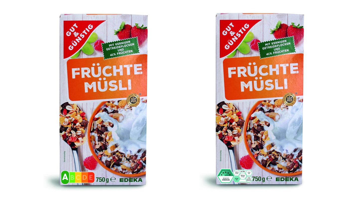 Umfrage zu Nährwertkennzeichnung: Ein Früchtemüsli ist mit dem Nutri-Score und dem Logo Wegweiser Ernährung gekennzeichnet