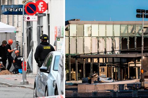 Links: Polizisten untersuchen die Explosion an einer Polizeiwache. Rechts: die beschädigte Fassade der Steuerverwaltung