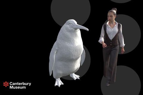 Menschengroßer Pinguin neben einer animierten Frau