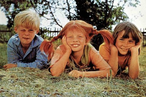 Die Kinderstars aus "Pippi Langstrumpf" bei den Dreharbeiten 1969: Pär Sundberg ("Tommy"), Inger Nilsson (Mitte, "Pippi) und Maria Persson ("Annika")