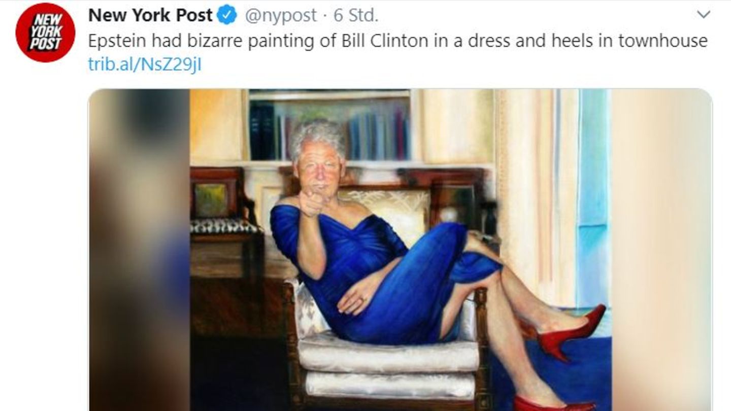 Bill Clinton in baluem Kleid und roten High Heels - Oil on canvas