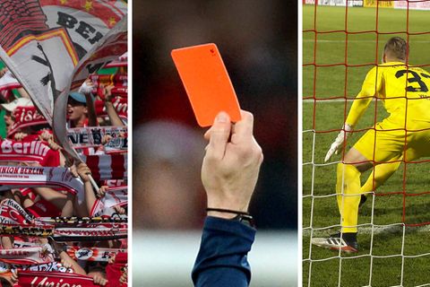 Collage: Fußballfans im Stadion, Hand zeigt rote Karte, Torwart