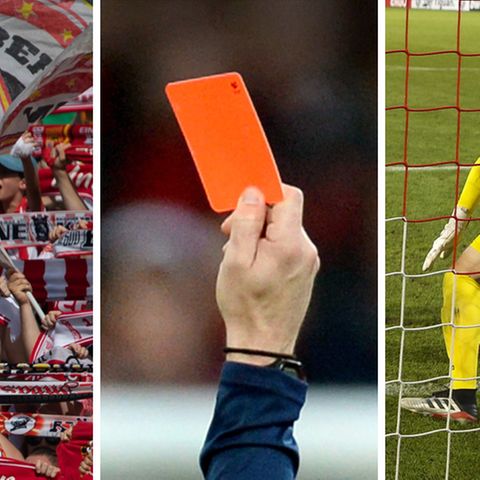 Collage: Fußballfans im Stadion, Hand zeigt rote Karte, Torwart