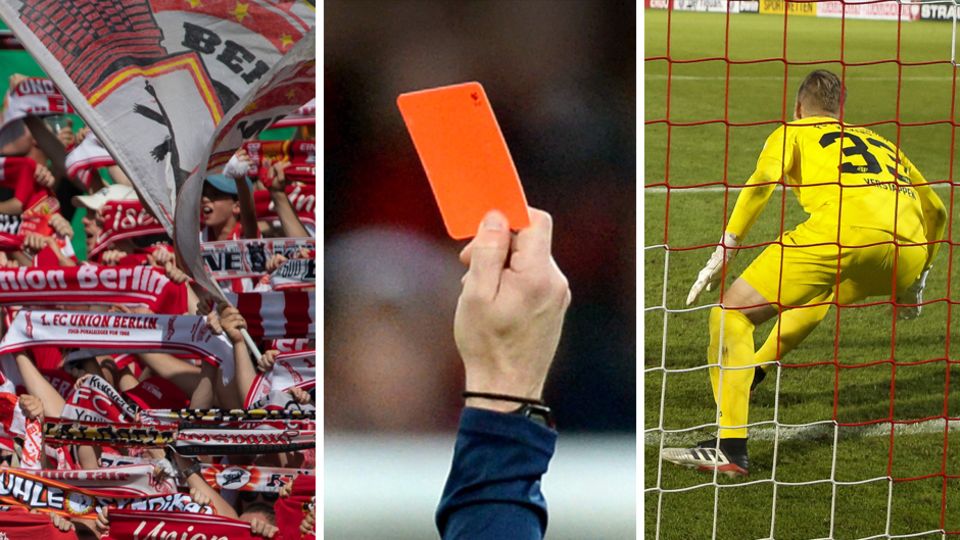 Collage: Fußballfans im Stadion, Hand zeigt rote Karte, Torwart