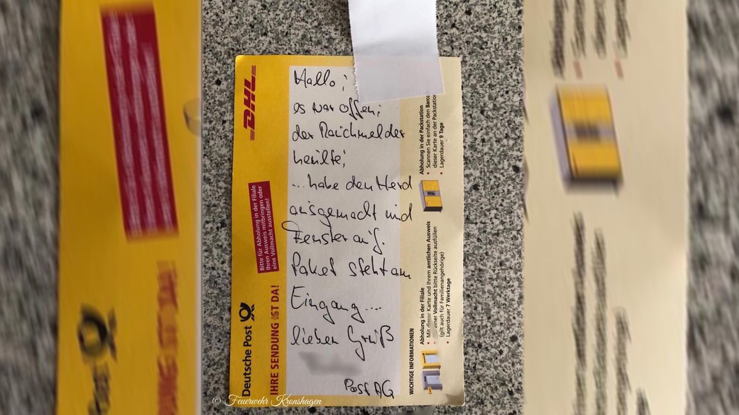 Diesen Zettel hinterließ der Paketbote, nachdem er den Brand verhindert hat.