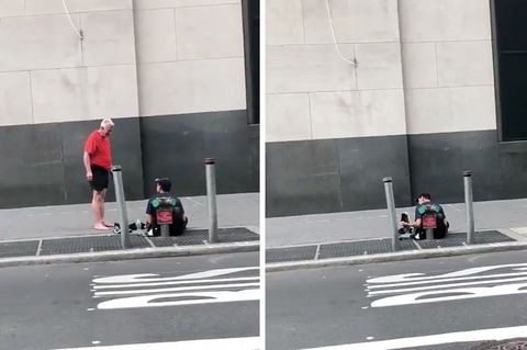 Collage: Ein Jogger und ein Obdachloser auf der Straße; Ein Obdachloser sitzt auf der Straße
