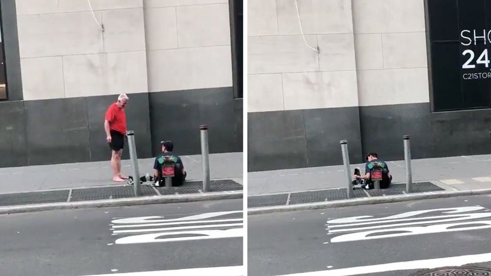 Collage: Ein Jogger und ein Obdachloser auf der Straße; Ein Obdachloser sitzt auf der Straße Collage: Ein Jogger und ein Obdachloser auf der Straße; Ein Obdachloser sitzt auf der Straße