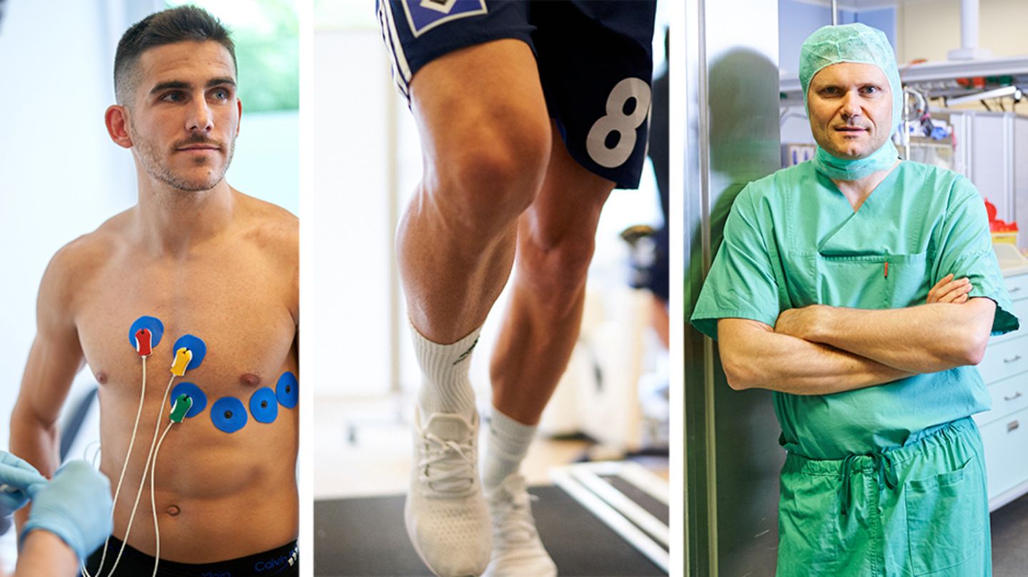 Collage: Jairo Samperio, Beine des Sportlers, ein Arzt in Operationskleidung