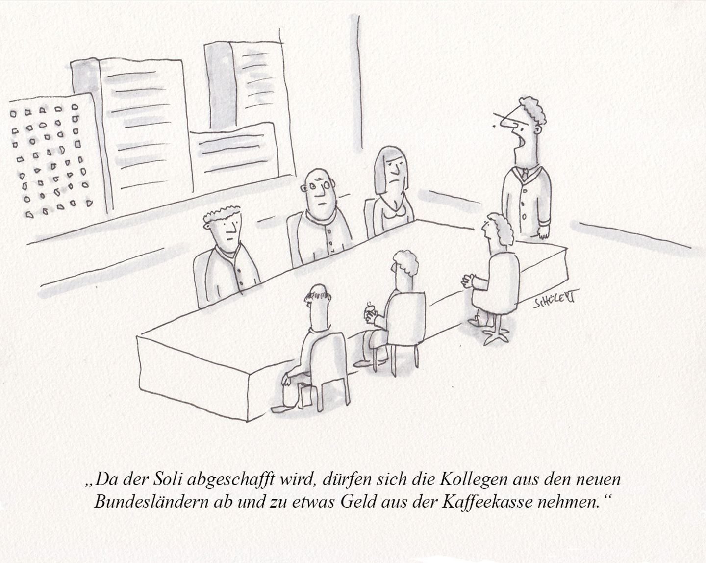 Cartoon: Sieben Personen sitzen an einem Konferenztisch