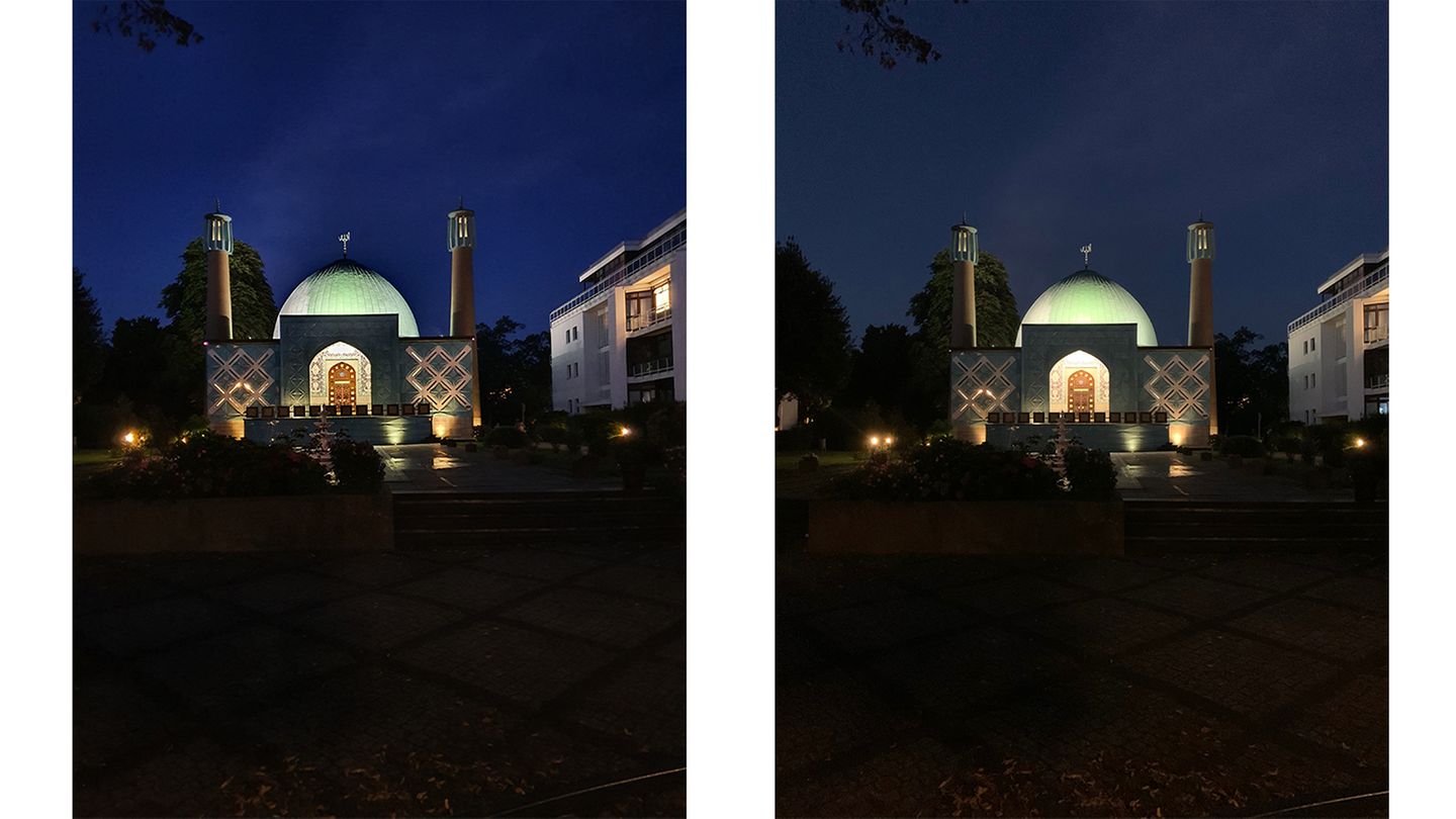 Test: Trotz schlechten Lichtbedingungen schafft es das Note (links) noch beeindruckend viele Details zu erfassen. Im Vergleich zum iPhone (rechts) fängt es Farben mit mehr Nuancen ein. Näher an der echten Lichtstimmung ist dabei aber das iPhone.