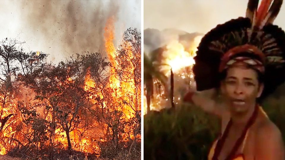 Indigene Brasilianerin macht ihrer Wut über die mutmaßliche Brandstiftung des Regenwalds im Amazonas Luft Indigene Brasilianerin macht ihrer Wut über die mutmaßliche Brandstiftung des Regenwalds im Amazonas Luft