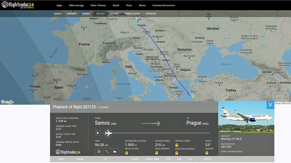 QS-1125 Die Route des Fluges QS-1125 am 22. August 2019 von Samos nach Prag
