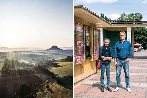 Blick in die Sächsische Schweiz; die Reporter Karin Großmann von der "Sächsischen Zeitung" und Axel Vornbäumen vom stern