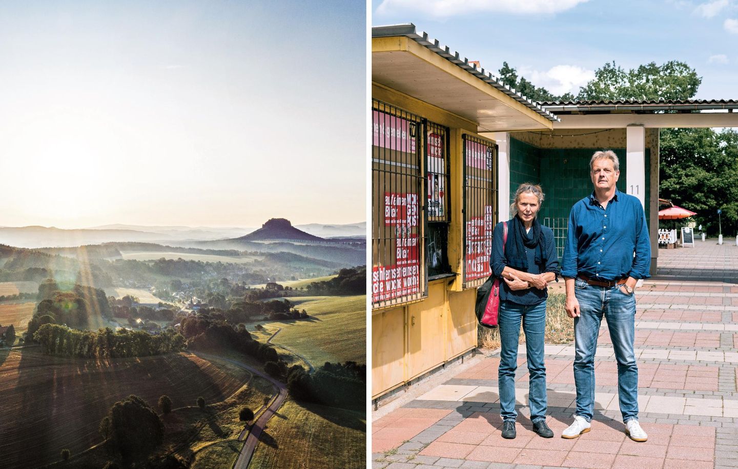 Blick in die Sächsische Schweiz; die Reporter Karin Großmann von der "Sächsischen Zeitung" und Axel Vornbäumen vom stern