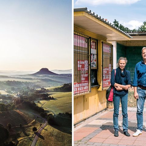 Blick in die Sächsische Schweiz; die Reporter Karin Großmann von der "Sächsischen Zeitung" und Axel Vornbäumen vom stern