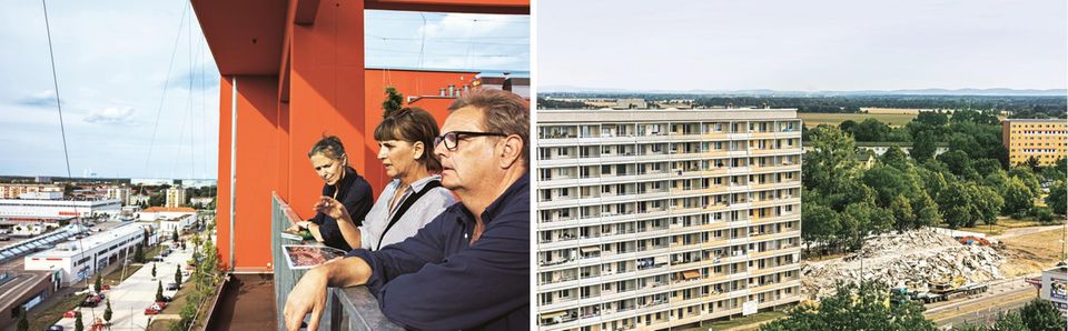 Sachsen Karin Großmann, Axel Vornbäumen und Dorit Baumeister auf dem lLusitztower; Abriss der Plattenbauten