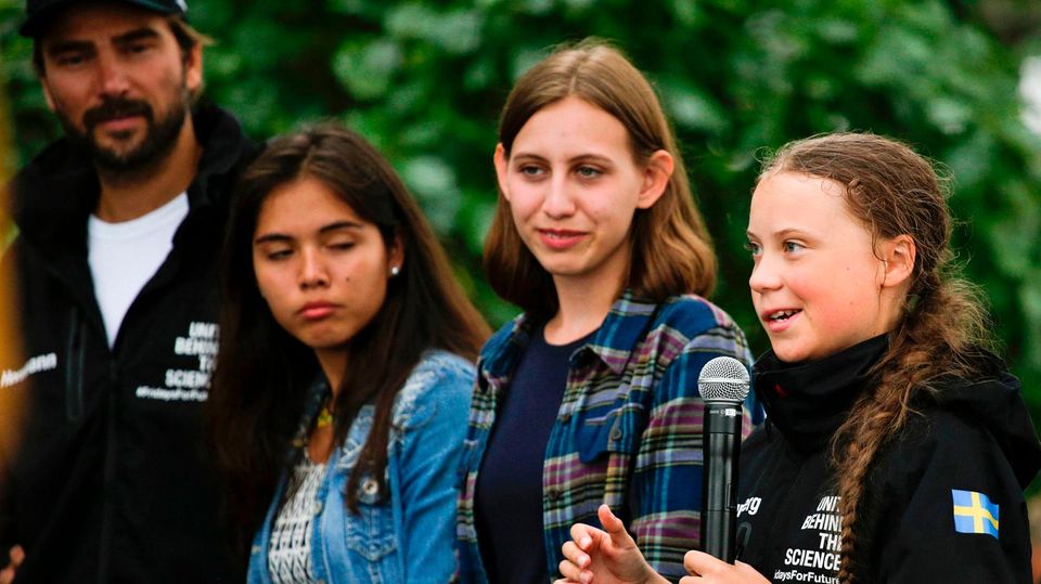 Greta Thunberg, Boris Herrman und zwei US-Jugendliche in New York