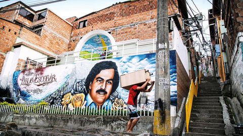 Graffiti von Pablo Escobar auf einer Hausfassade im Armenviertel Barrio Pablo Escobar