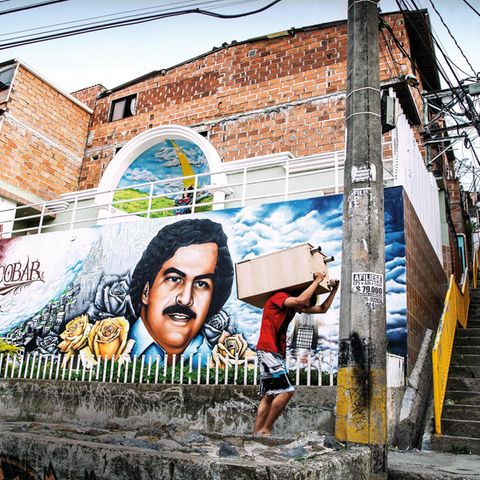 Graffiti von Pablo Escobar auf einer Hausfassade im Armenviertel Barrio Pablo Escobar
