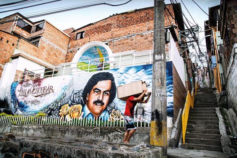 Graffiti von Pablo Escobar auf einer Hausfassade im Armenviertel Barrio Pablo Escobar