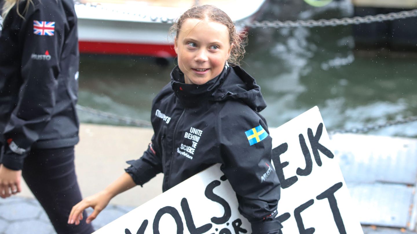Greta Thunberg trägt ein Schild, auf dem der Schriftzug "Schulstreik für das Klima" steht