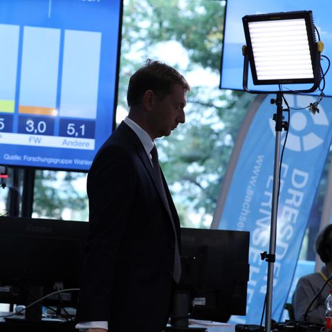 Michael Kretschmer (CDU), Ministerpräsident von Sachsen, während Landtagswahl in Sachsen