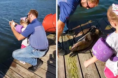 Die vierjährige Josie zieht mit ihrer "Frozen"-Angel einen Riesenfisch aus dem Wasser.