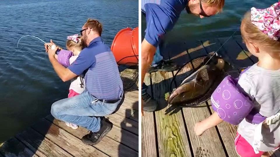 Die vierjährige Josie zieht mit ihrer "Frozen"-Angel einen Riesenfisch aus dem Wasser. Die vierjährige Josie zieht mit ihrer "Frozen"-Angel einen Riesenfisch aus dem Wasser.