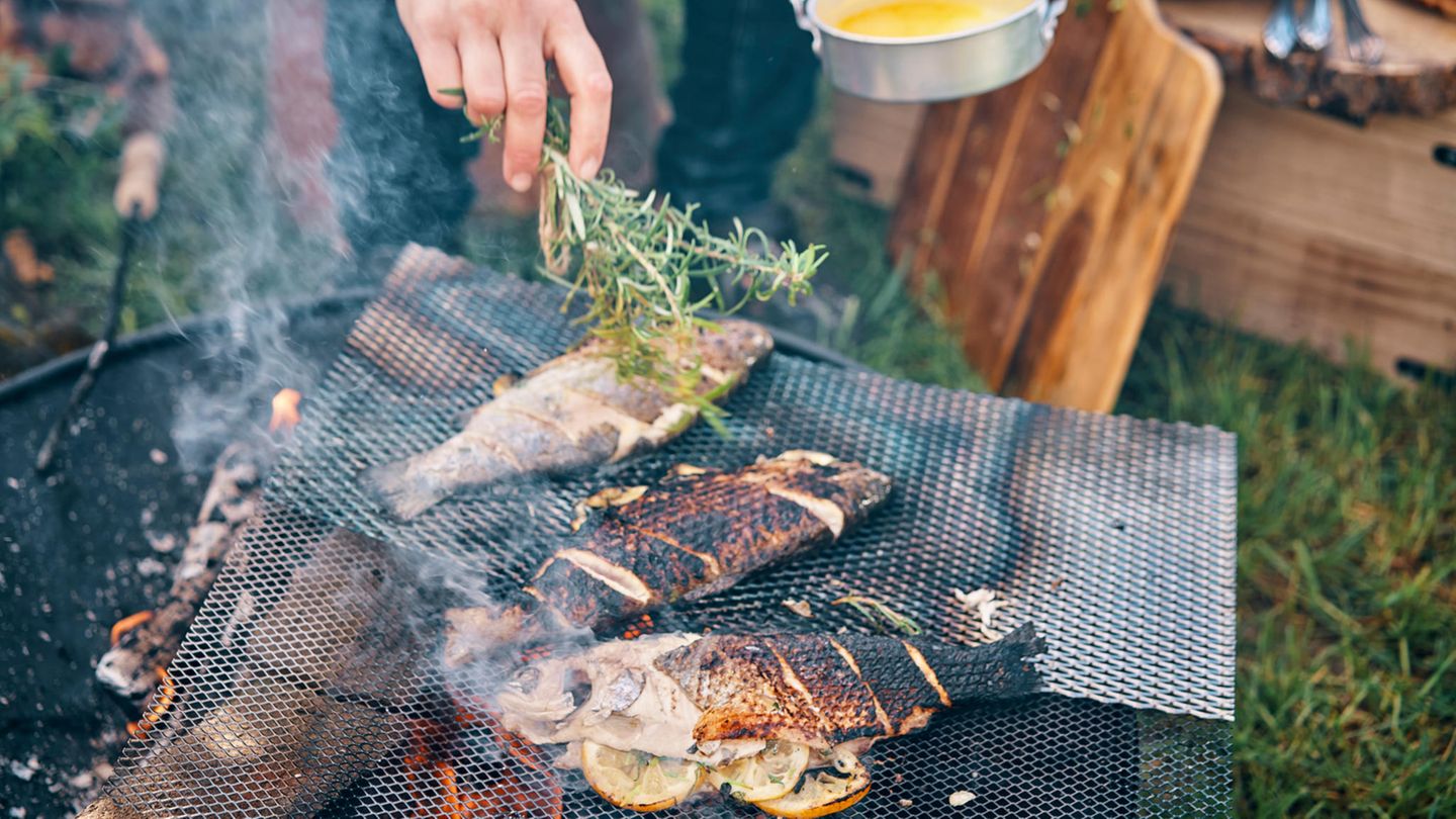 Fische braten auf einem Grill vor sich hin