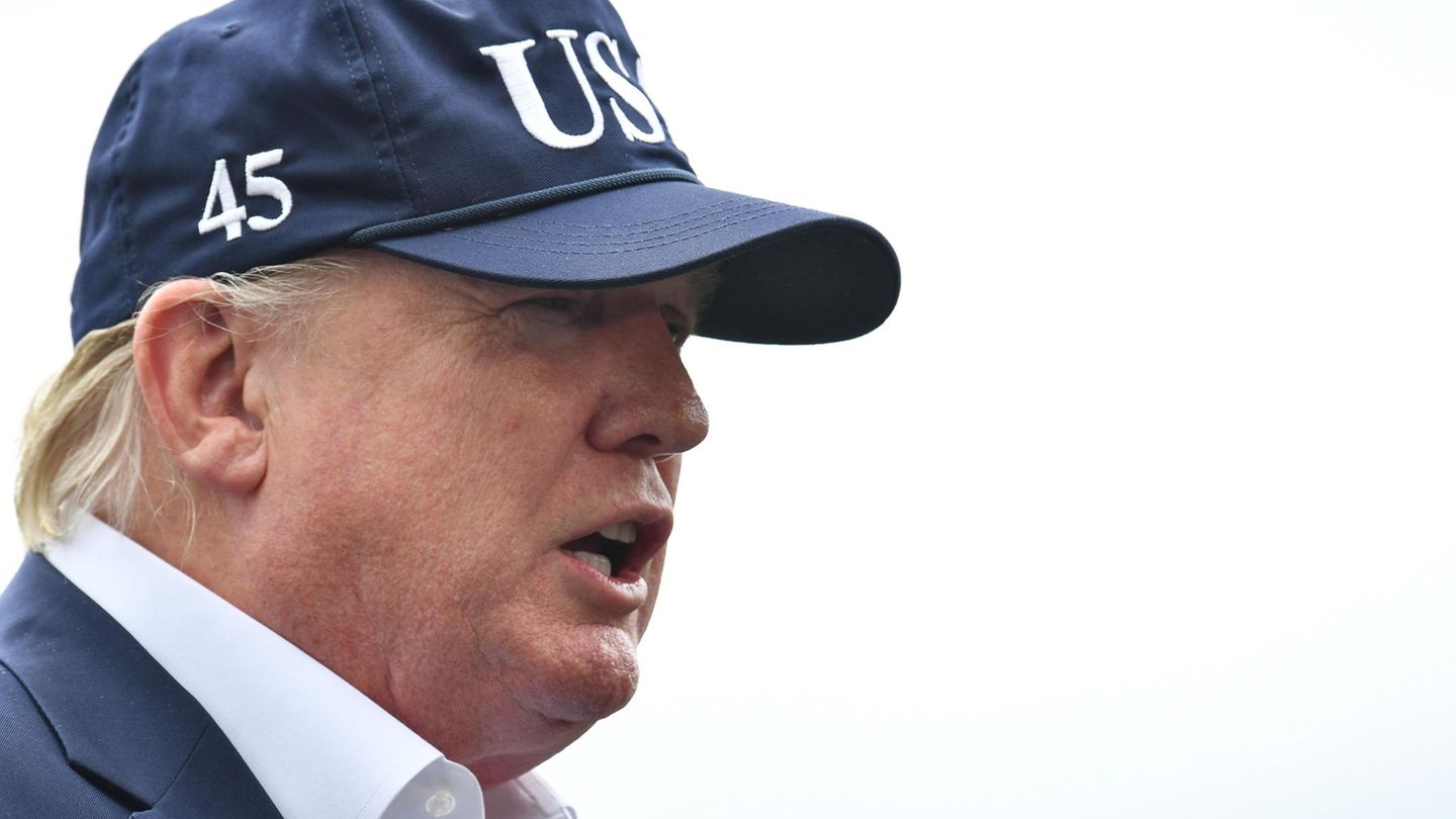 Donald Trump im Profil. Er trägt ein blaues Jackett, ein weißes Hemd und ein blaues Cap mit "USA" und "45" Stickereien