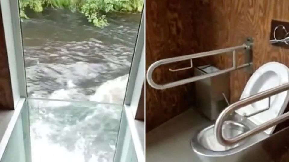 Collage: verglaster Boden mit Aussicht auf einen Fluss, Toilette