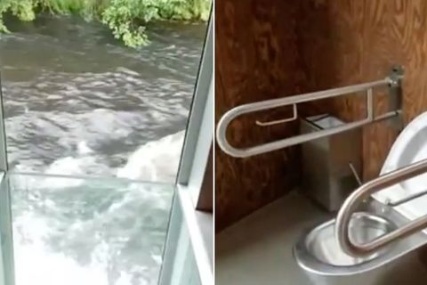 Collage: verglaster Boden mit Aussicht auf einen Fluss, Toilette