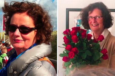 Patientin Angela S. mit einem Blumenstrauß in der Hand