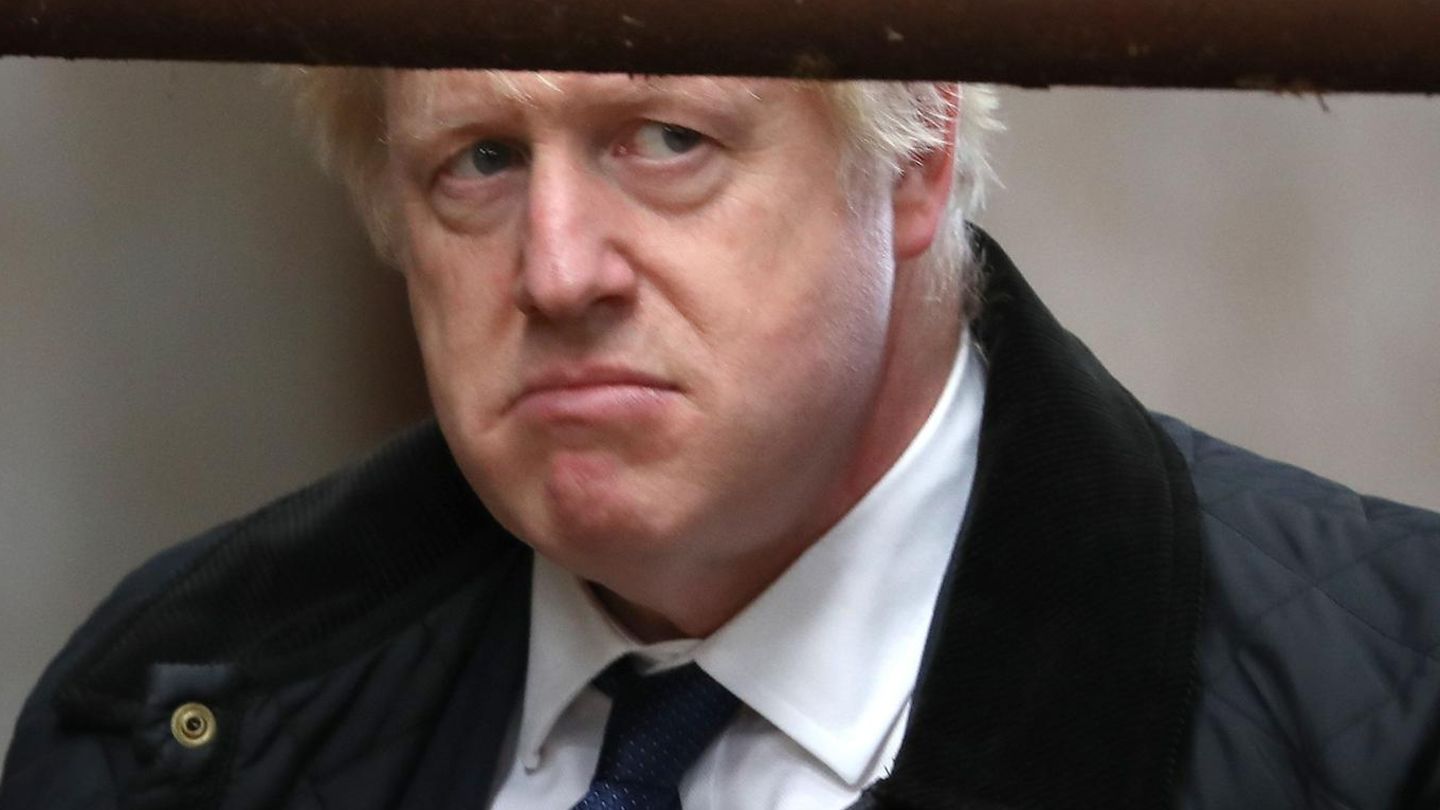 Boris Johnson schaut missmutig unter einer Gatterstange hervor