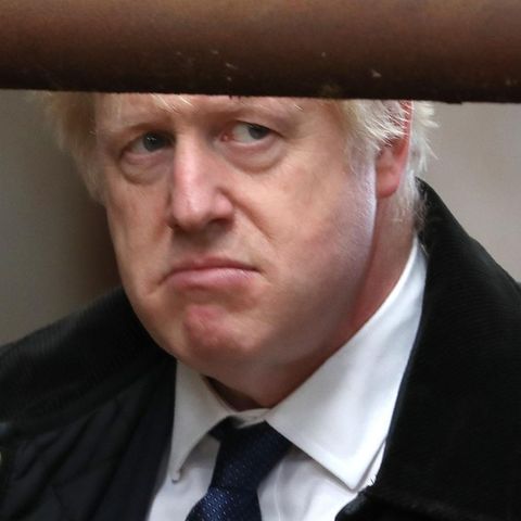 Boris Johnson schaut missmutig unter einer Gatterstange hervor
