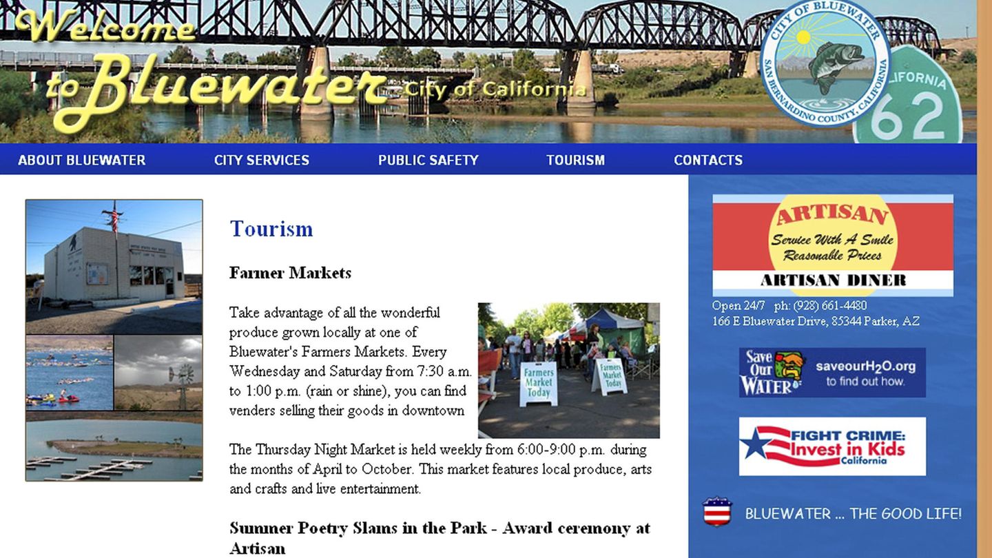 Die Homepage der angeblichen kalifornischen Kleinstadt Bluewater am 10. September 2009