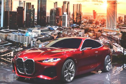 Mehr Grill gab es nie. Das BMW Concept 4 gibt einen Ausblick auf das neue 4 Coupe. Es kann in jeder elektrischen Form betrieben werden - als Hybrid, reines E- Auto oder mit Brennstoffzelle.