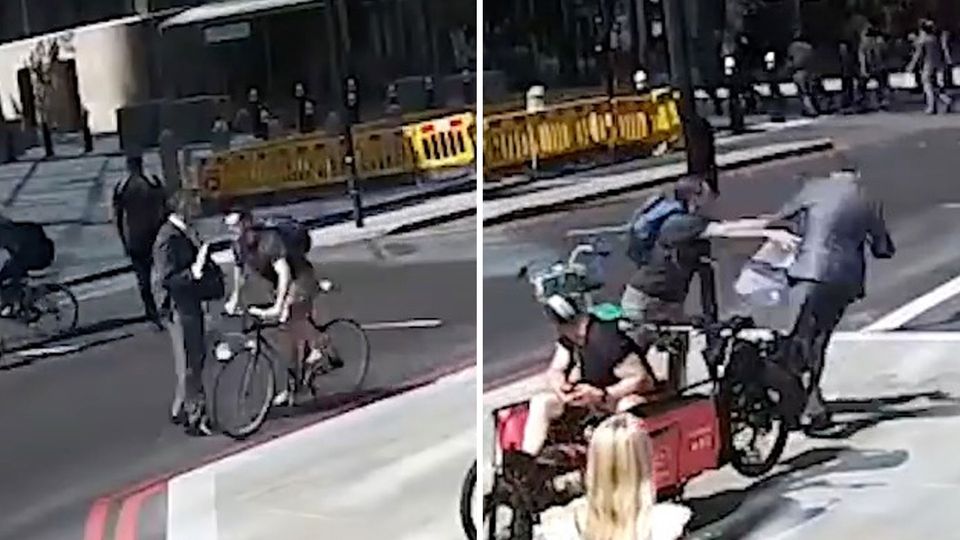 Londoner Radfahrer verpasst Fußgänger Kopfnuss Londoner Radfahrer verpasst Fußgänger Kopfnuss