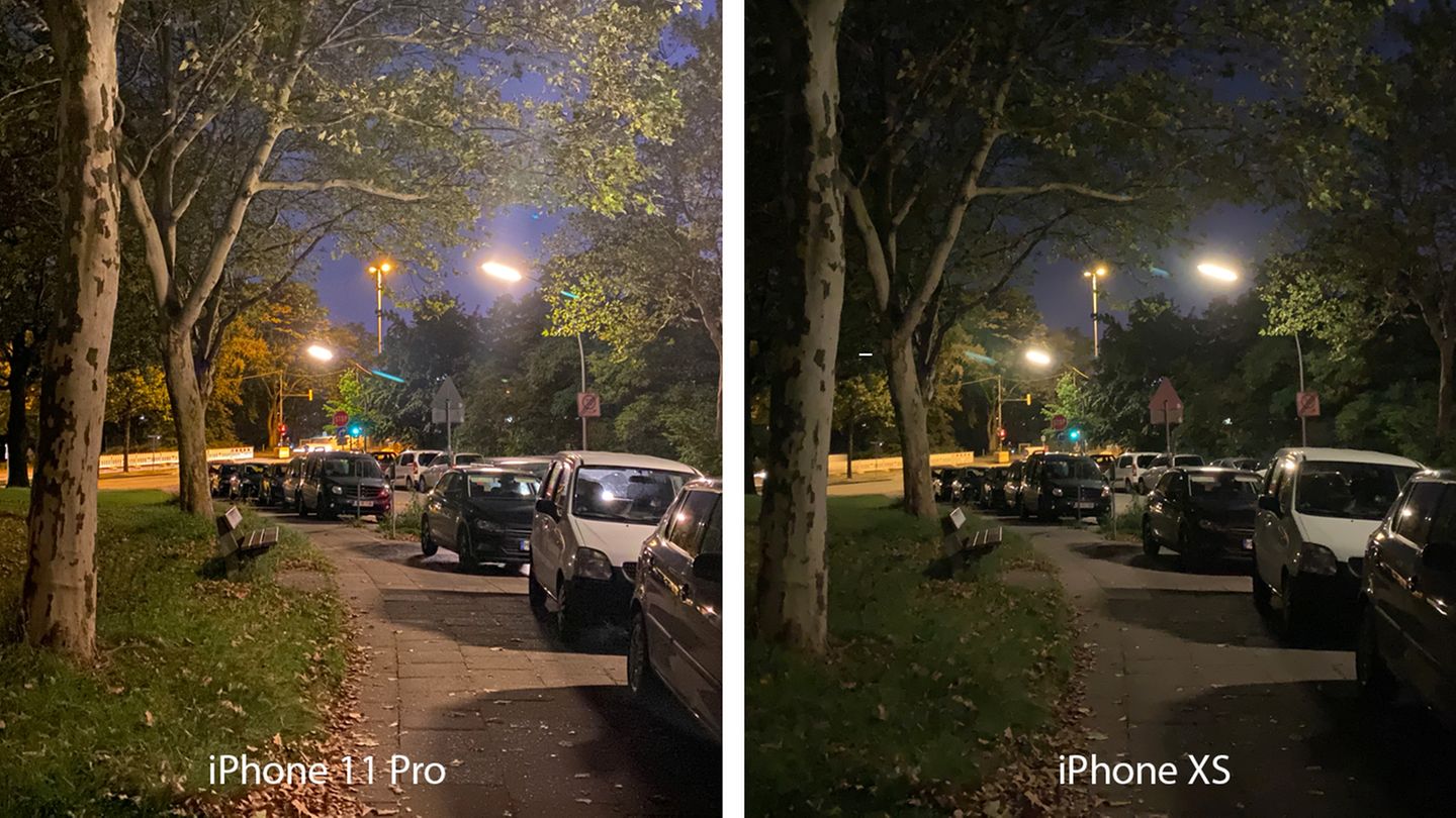 Foto-Duell: Hier ein Kopf-an-Kopf-Duell des iPhone XS mit dem Nachfolger. Das 11 Pro nimmt im Nachtmodus deutlich mehr Details auf, man kann sogar einzelne Blätter auf dem Boden und in der Baumkrone erkennen. Die nächtliche Stimmung trifft das XS für unseren Geschmack jedoch besser. Dennoch Punktsieg für das iPhone 11 Pro, schließlich könnte man das Foto im Nachgang per Bildbearbeitung abdunkeln, während nicht aufgenommene Details für immer verloren sind. Bevor wir das iPhone XS beiseite packen, nun noch einmal das Kopf-an-Kopf-Duell mit dem Nachfolger. Das 11 Pro nimmt im Nachtmodus deutlich mehr Details auf, man kann sogar einzelne Blätter auf dem Boden und in der Baumkrone erkennen. Die nächtliche Stimmung trifft das XS für unseren Geschmack jedoch besser. Dennoch Punktsieg für das iPhone 11 Pro, schließlich könnte man das Foto im Nachgang per Bildbearbeitung abdunkeln, während nicht aufgenommene Details für immer verloren sind.