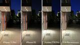 Nun treten die beiden iPhones (11 Pro und XS) gegen das Huawei P30 Pro an - einmal in der Automatik, einmal im dedizierten Nachtmodus. Auch hier fällt auf, dass das XS deutlich weniger Details aufnimmt, erkennbar an den Löchern in der Decke des Vordachs oder am Mauerwerk. Zwar erkennt man im Nachtmodus des P30 Pro mehr Details im schattigen Bereich der Straße, allerdings geht dadurch die nächtliche Stimmung flöten. Der Detailgrad des iPhone 11 Pro ist höher als beim P30 Pro, dafür ist der Himmel beim Huawei-Smartphone deutlich dunkler - ein Detail, das wir noch häufiger sehen werden. Man erkennt allerdings auch anhand des beleuchteten Gehwegs im Hintergrund, dass das iPhone mehr Licht einfängt.