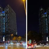 Die Tanzenden Türme auf der Reeperbahn. Die Hochhäuser wirken auf dem Phone (links) deutlich detaillierter. Dafür fängt das Huawei die Lichtstimmung besser ein. Die Belichtungszeit des iPhone-11-Nachtmodus betrug hier drei Sekunden, wodurch der künstlerische Effekt zustande kommt.