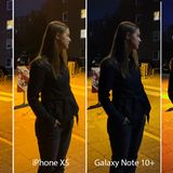 Nachts, eine Frau an der Straße, über ihr eine Laterne. Zugegeben: Das Motiv ist nicht ganz einfach. Zum Auftakt lassen wir deshalb vier Kameras gegeneinander antreten. Aufgenommen wurde jedesmal freihändig in der Automatik. Ganz links sehen wir das iPhone 11 Pro, daneben das Vorjahresmodell XS, dann das brandneue Galaxy Note 10+ und schließlich das Huawei P30 Pro.  Die Unterschiede sind frappierend: Das Huawei P30 Pro zeigt die Szenerie deutlich zu orange, wie man am Gesicht und dem Zebrastreifen im Hintergrund erkennt. Auch der Detailgrad lässt zu wünschen, wie man an dem Fenster oben rechts sieht. Beim iPhone XS fehlen im Vergleich zum diesjährigen Modell die Details. Die Straße wirkt beim Pro deutlich plastischer, auch die Farbe des Mantels ist realistischer. Das Galaxy Note 10+ trifft die Gesichtsfarbe am besten, dafür wirkt der Mantel hier zu dunkel. Insgesamt ein Unentschieden zwischen Apple und Samsung.