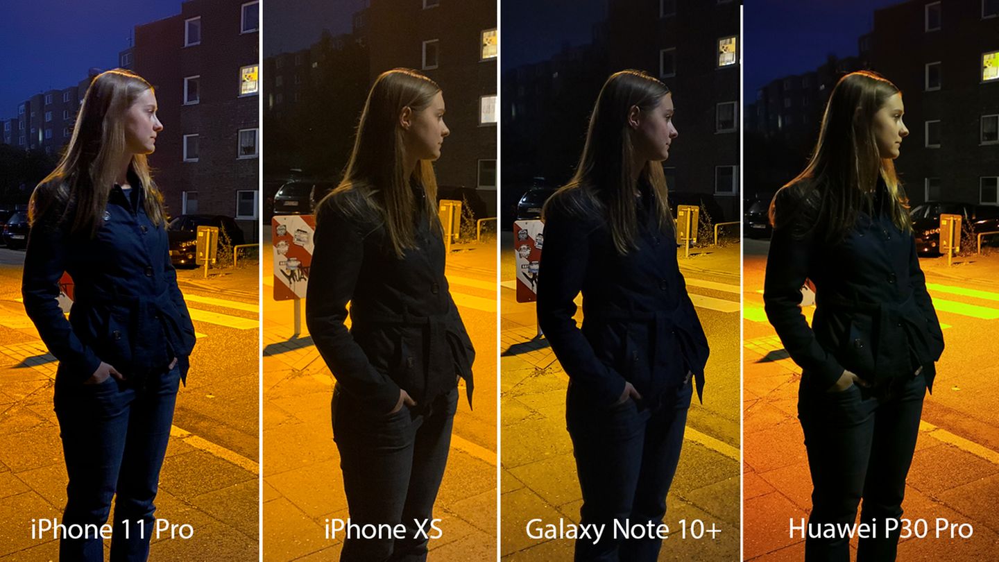 Nachts, eine Frau an der Straße, über ihr eine Laterne. Zugegeben: Das Motiv ist nicht ganz einfach. Zum Auftakt lassen wir deshalb vier Kameras gegeneinander antreten. Aufgenommen wurde jedesmal freihändig in der Automatik. Ganz links sehen wir das iPhone 11 Pro, daneben das Vorjahresmodell XS, dann das brandneue Galaxy Note 10+ und schließlich das Huawei P30 Pro.  Die Unterschiede sind frappierend: Das Huawei P30 Pro zeigt die Szenerie deutlich zu orange, wie man am Gesicht und dem Zebrastreifen im Hintergrund erkennt. Auch der Detailgrad lässt zu wünschen, wie man an dem Fenster oben rechts sieht. Beim iPhone XS fehlen im Vergleich zum diesjährigen Modell die Details. Die Straße wirkt beim Pro deutlich plastischer, auch die Farbe des Mantels ist realistischer. Das Galaxy Note 10+ trifft die Gesichtsfarbe am besten, dafür wirkt der Mantel hier zu dunkel. Insgesamt ein Unentschieden zwischen Apple und Samsung.